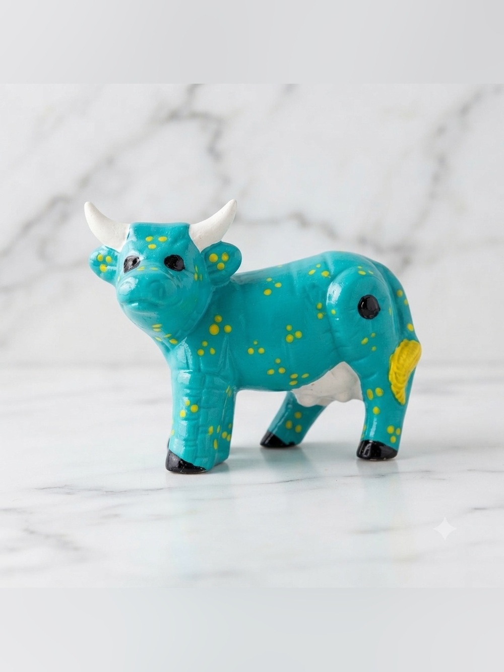 Vintage Duncan Enterprises 1986 Hand Painted Turquoise Ceramic Cow Figurine